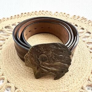 Larry Mahan Leegin USA Native American Brass Buckle Tooled Leather Belt 38 6930